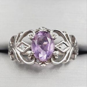Amethyst Ring & Diamond Simulants Ring 925 Sterling Silver Ring Ornate Ring